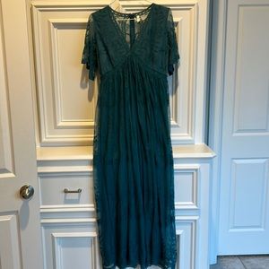 Elegant teal dress 37 inches long sheer embroidered lace overlay